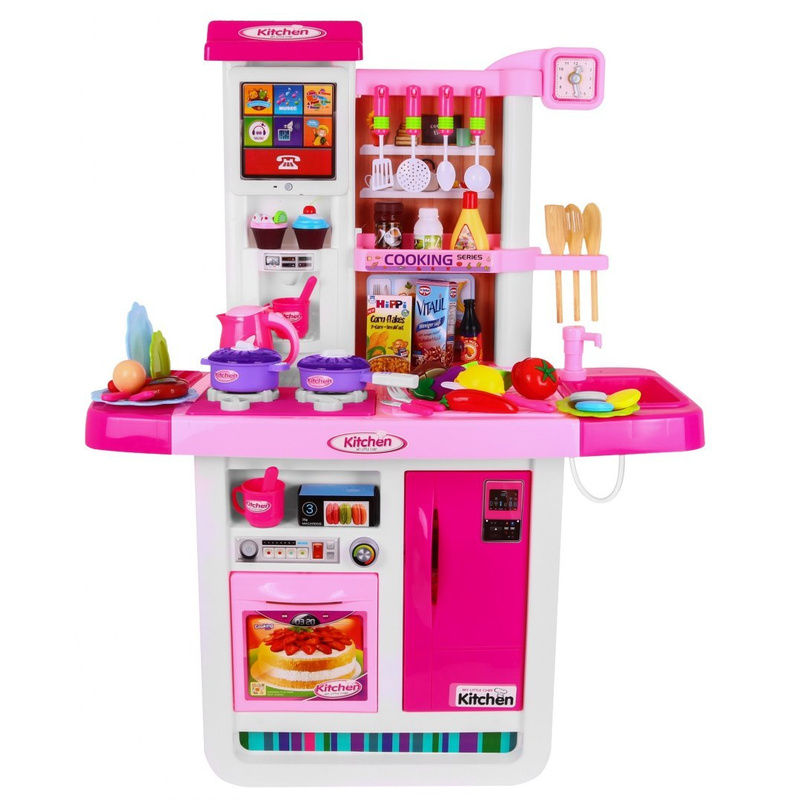 Liela interaktīvā virtuve ar piederumiem, rozā krāsā
