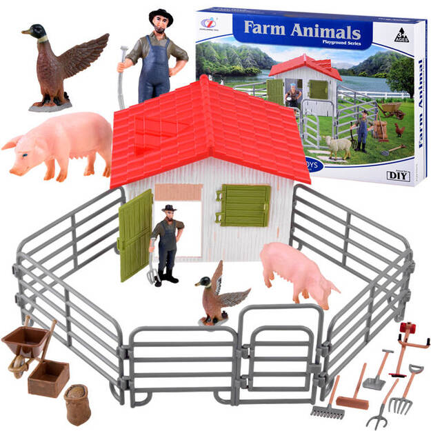 Fermas komplekts ar dzīvniekiem un lauksaimnieku