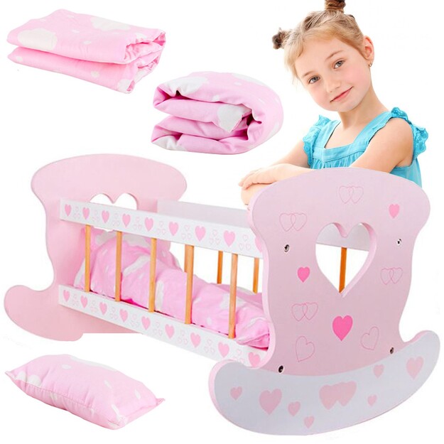 Liela koka gultiņa - šūpulis ar gultas veļu, rozā krāsā