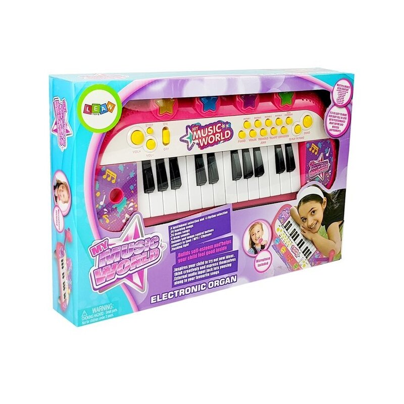 Bērnu sintezators ar mikrofonu, 24 taustiņi, rozā