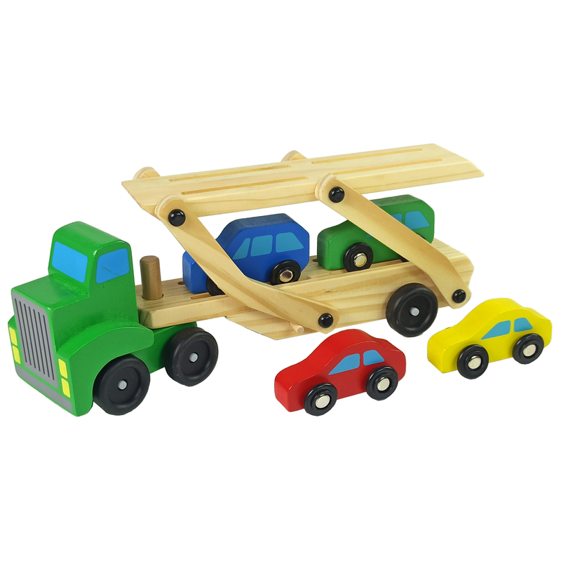Koka vilcējs ar rotaļu mašīnām, zaļš