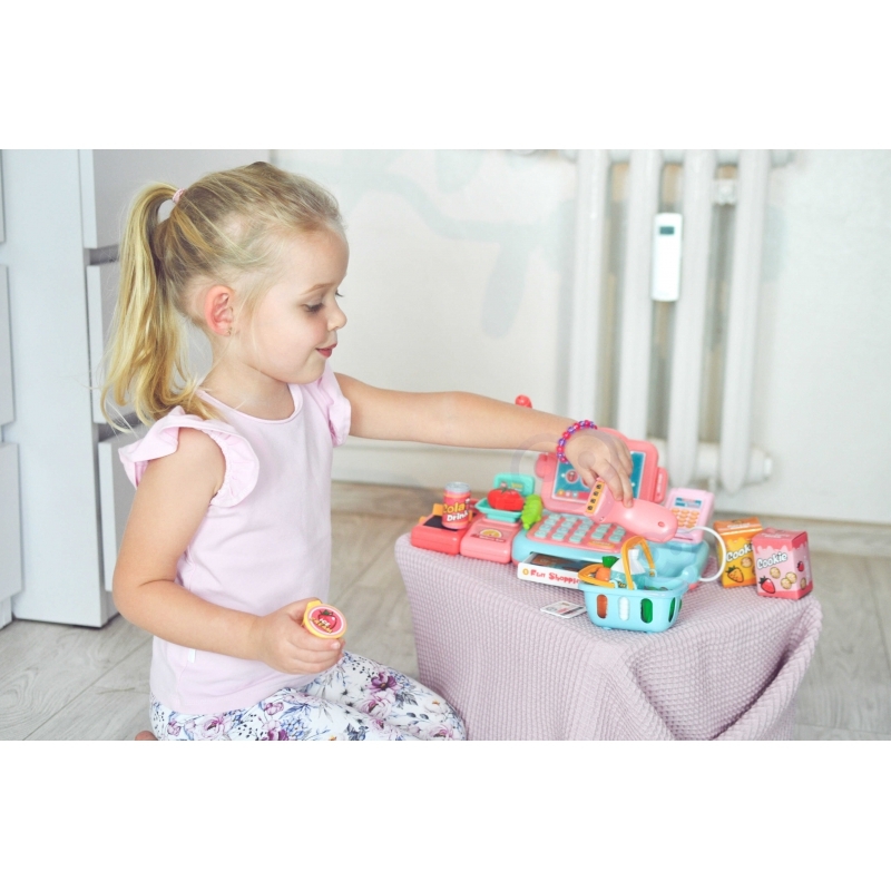 Rotaļlietu kases aparāts ar piederumiem, rozā krāsā
