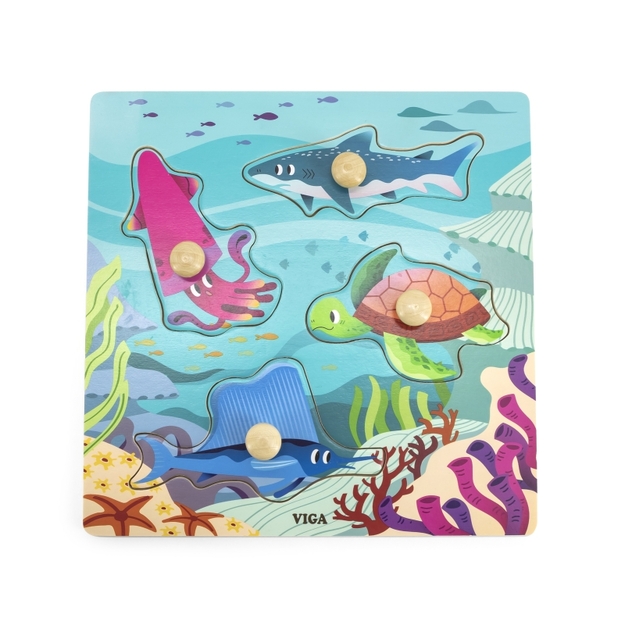 VIGA Koka puzle - jūras dzīvnieki ar rokturīšiem