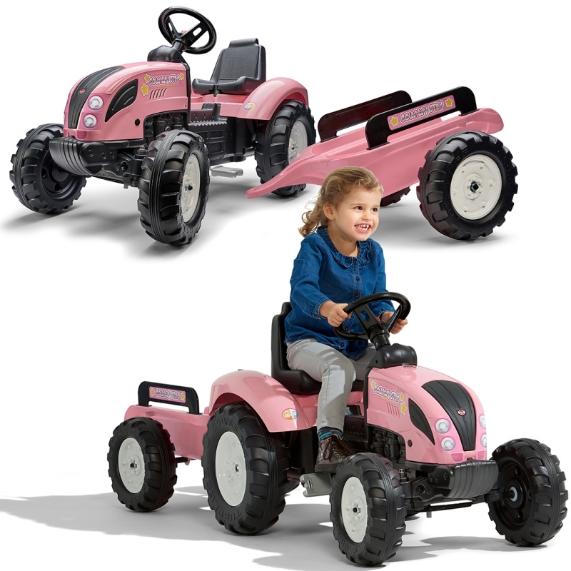 Falkpedāļu traktors ar piekabi, rozā krāsā