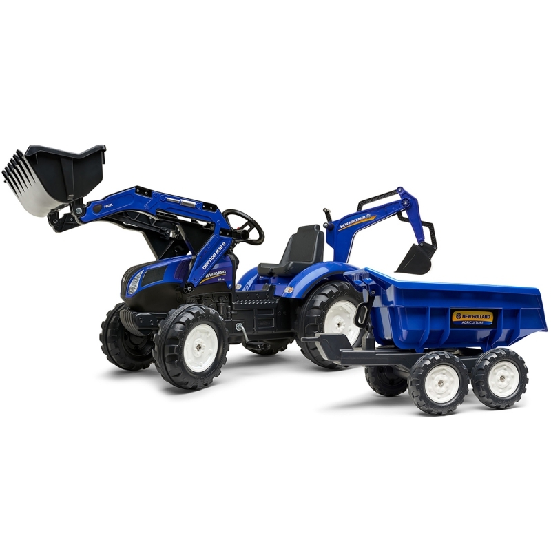 Traktors ar pedāļiem, piekabi un lāpstu zils