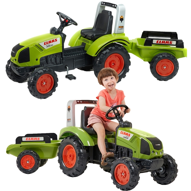 Traktors ar pedāļiem un piekabi, zaļš