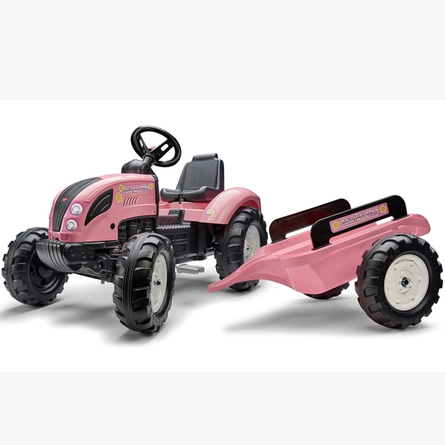 Falkpedāļu traktors ar piekabi, rozā krāsā