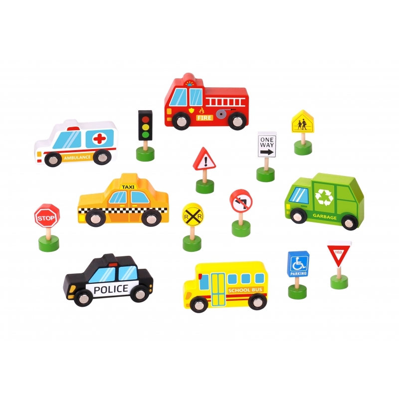 Koka transportlīdzekļu un ceļa zīmju komplekts