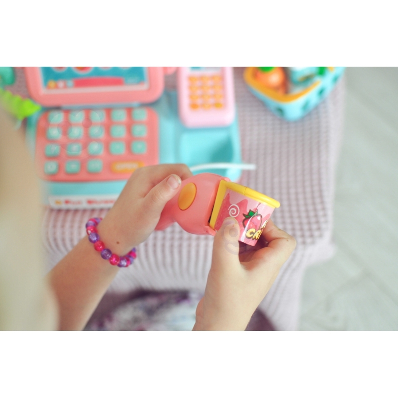 Rotaļlietu kases aparāts ar piederumiem, rozā krāsā