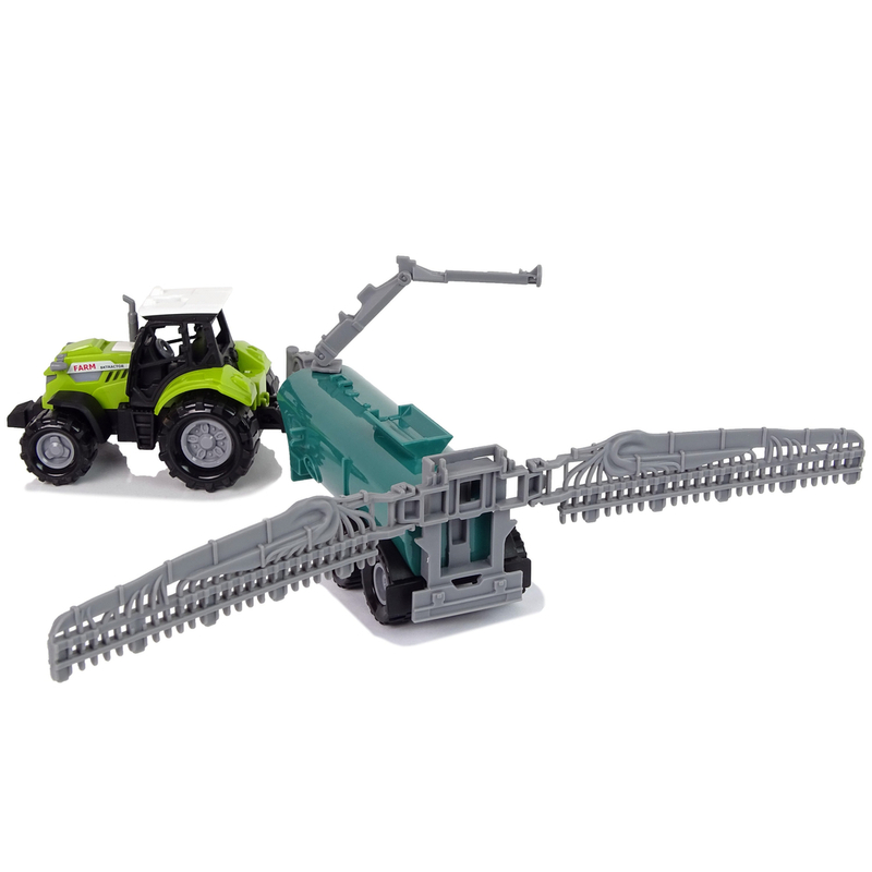 Rotaļlietu traktors ar pievienotu smidzinātāju