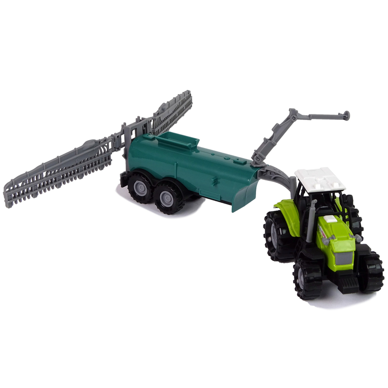 Rotaļlietu traktors ar pievienotu smidzinātāju