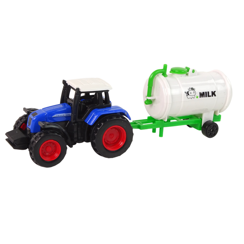 Traktors ar piena cisternu un govi