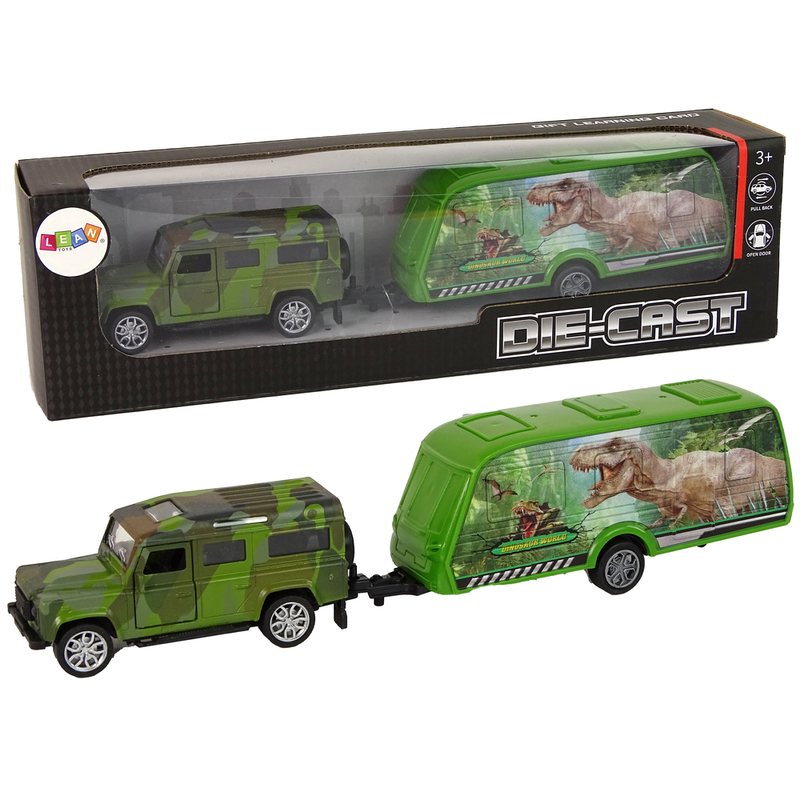 Jeep transportlīdzekļu komplekts ar dinozauru piekabi