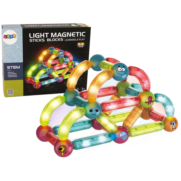 LIGHT MAGNETIC STICKS izglītojošu magnētisko klucīšu komplekts, 52 el.
