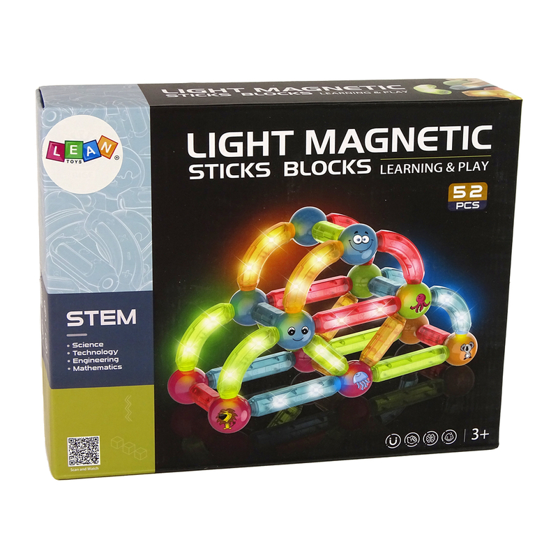 LIGHT MAGNETIC STICKS izglītojošu magnētisko klucīšu komplekts, 52 el.