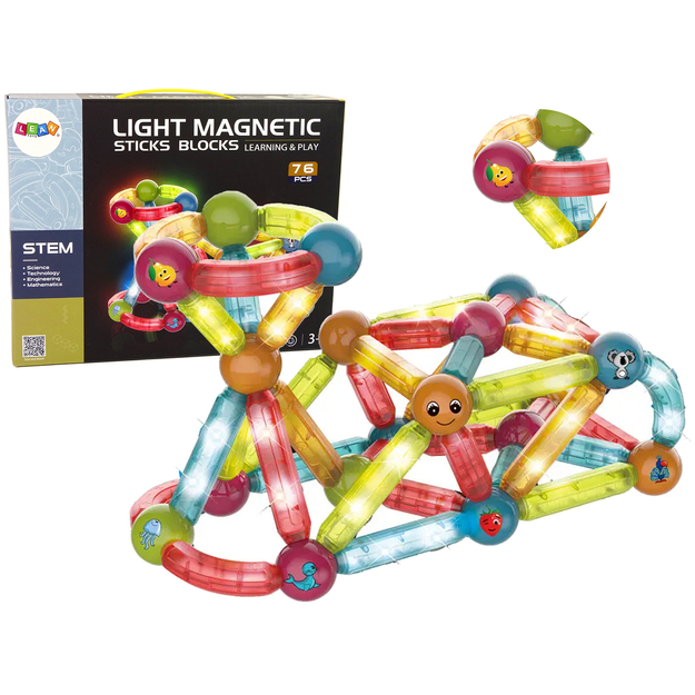 LIGHT MAGNETIC STICKS izglītojošu magnētisko klucīšu komplekts, 76 el.