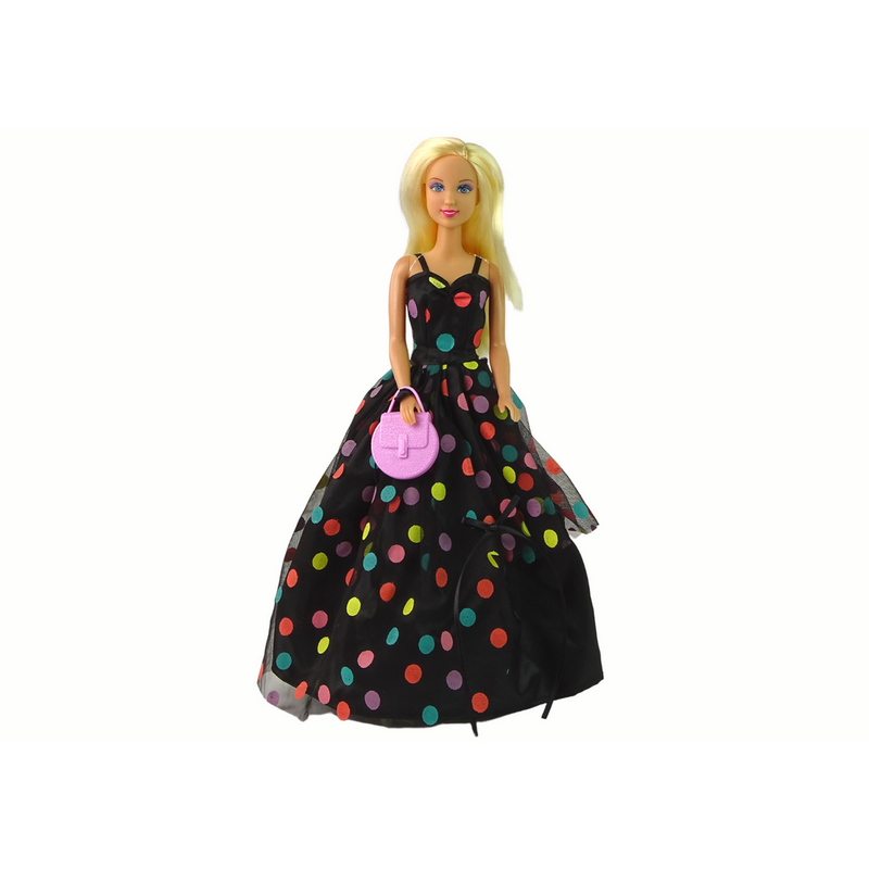 Lūsijas lelle kleitā ar melniem punktiņiem