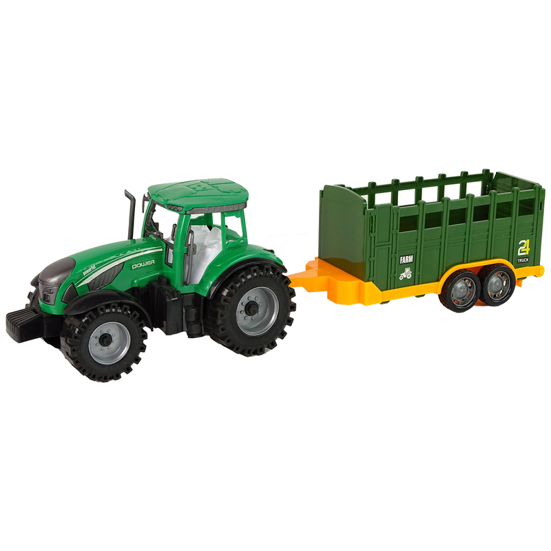 Zaļš traktors ar noņemamu piekabi ar berzes piedziņu