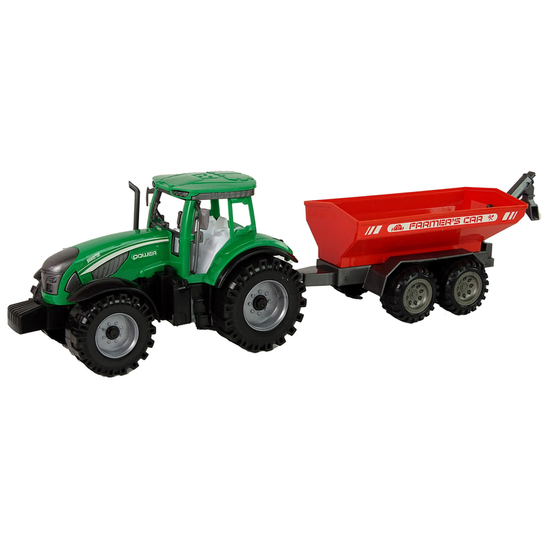 Zaļš traktors ar sarkanu piekabi
