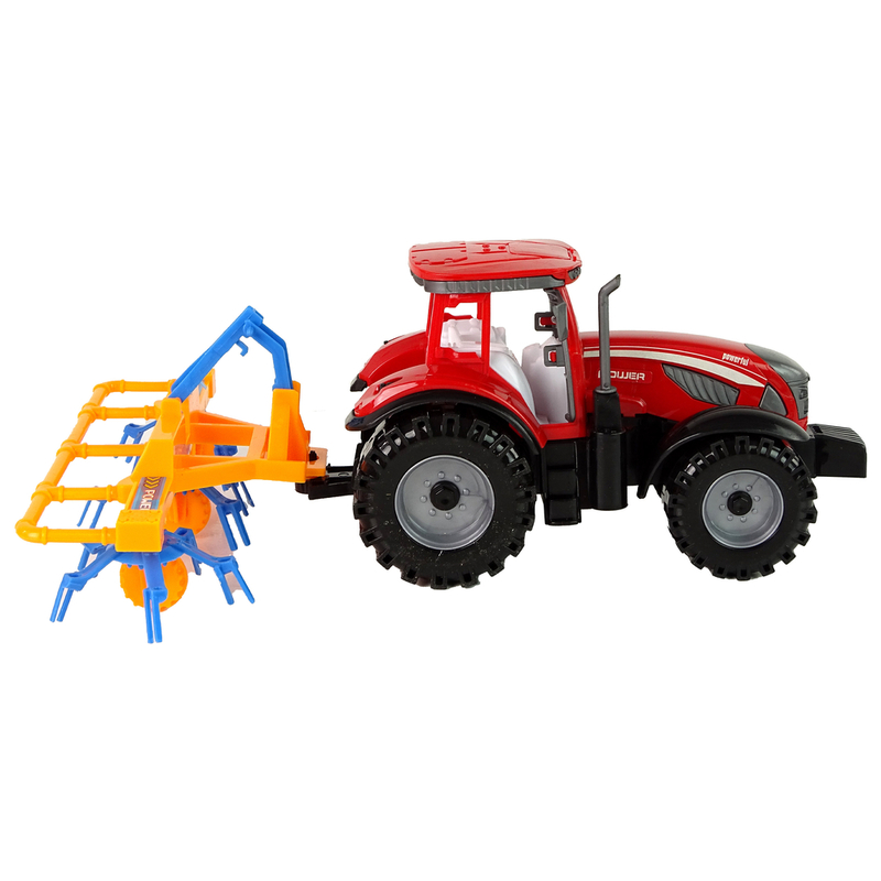 Sarkans traktors ar grābekļa berzes piedziņu