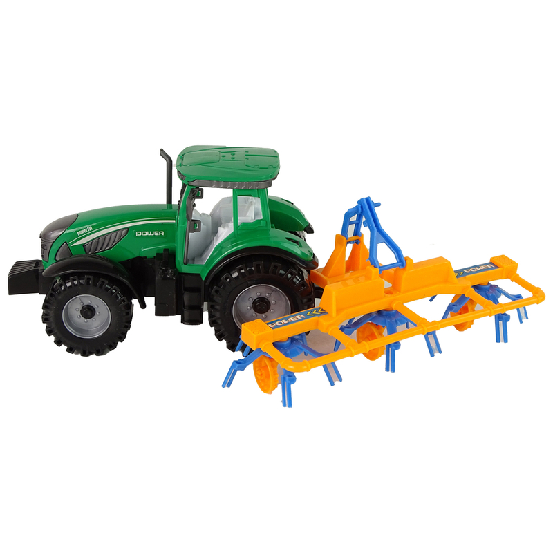 Zaļš traktors ar oranžu un zilu grābekļa berzes piedziņu