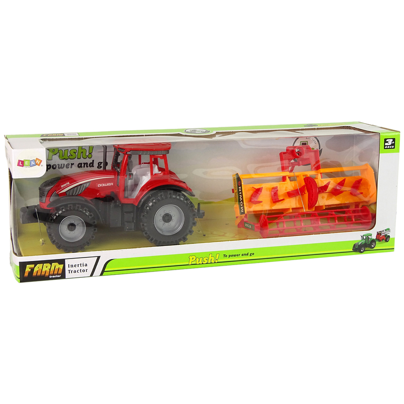 Sarkans traktors ar oranžu kultivatora rīku