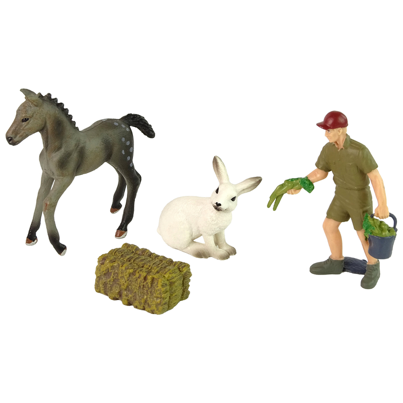 Dzīvnieku figūriņu komplekts (pelēks zirgs, zaķis, zemnieks)