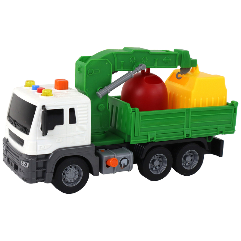 Rotaļlietu atkritumu vedējs ar celtni un skaņas efektiem, zaļš