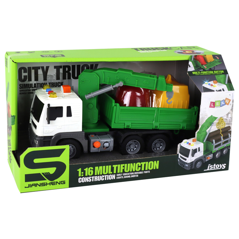 Rotaļlietu atkritumu vedējs ar celtni un skaņas efektiem, zaļš