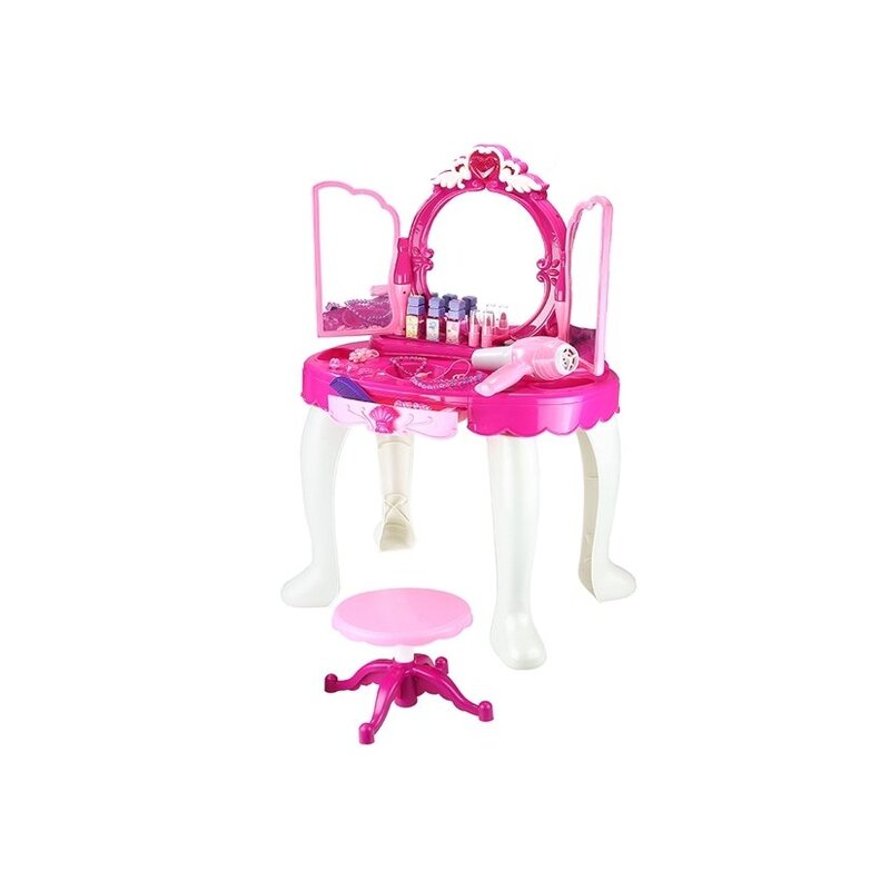 Liels kosmētikas galds ar krēslu un spoguli, rozā