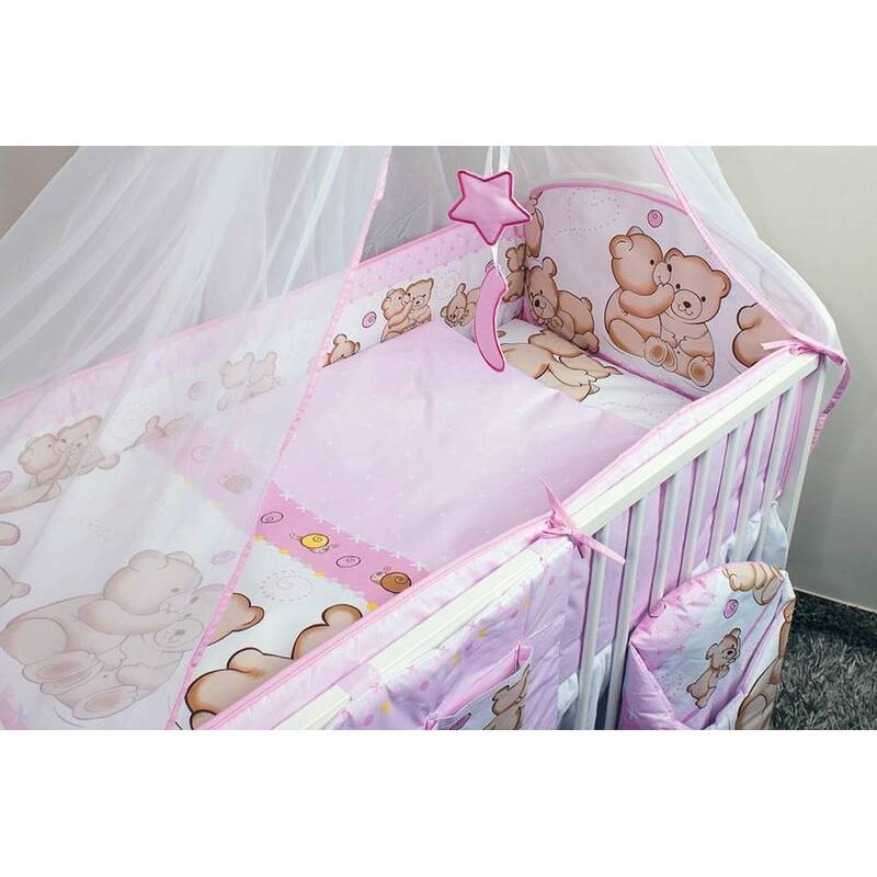Sešdaļīgas gultas veļas komplekts - lāči 120x90x360, rozā